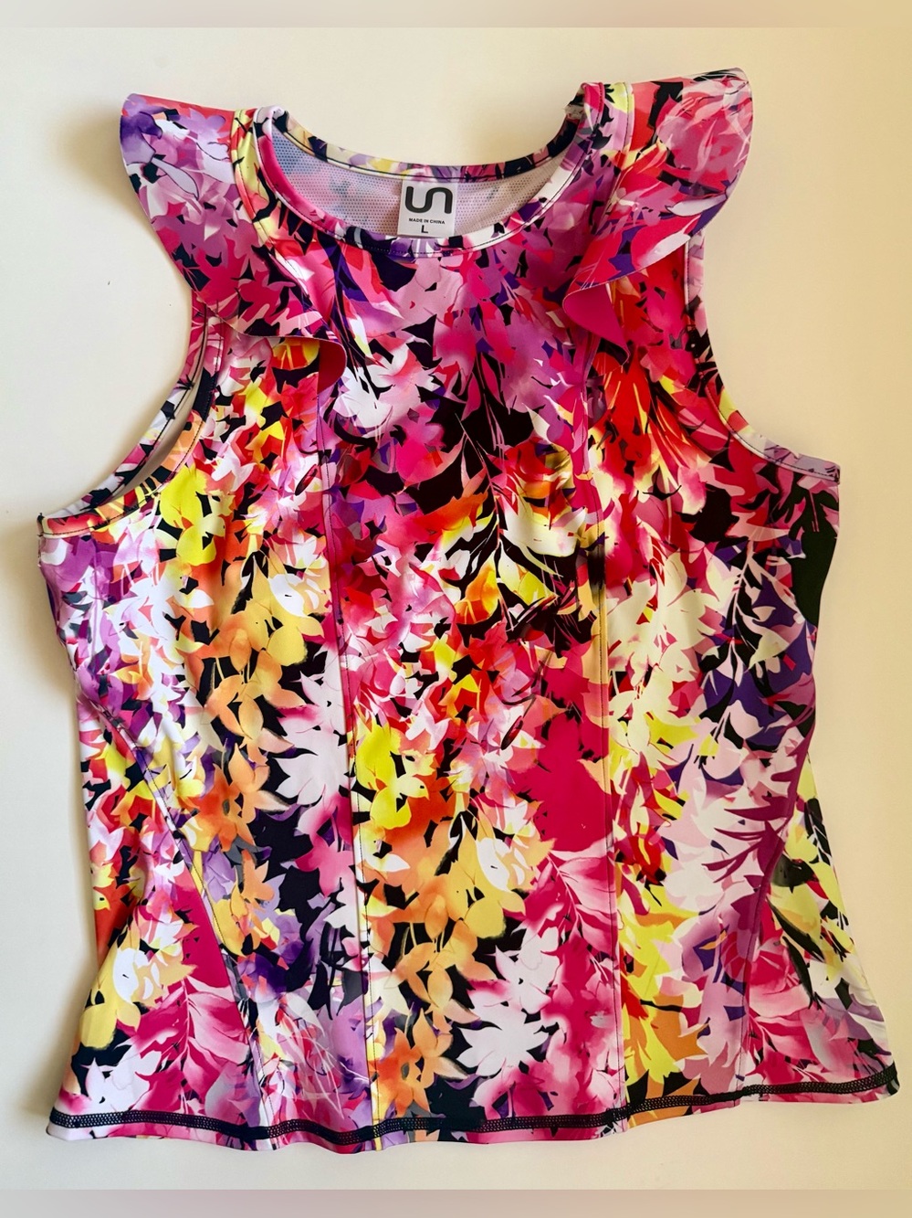 URBAN SAVAGE Floral Ruffle Sleeveless Top SZ L Activewear Gym Yoga Bright FEM